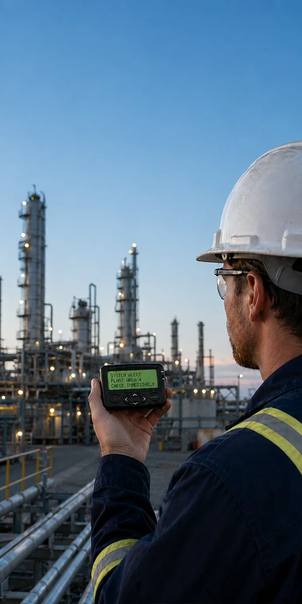 Industrial worker checking a pager alert at a refinery or plant operation site